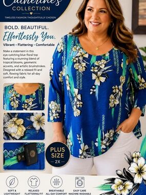 JM Collection Plus Size 2X Blue Floral Tunic Top